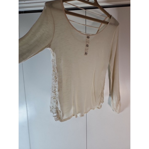 E&M Tops - E&M Blouse Women's Small Beige Henley-Long Sleeve Top- Lace Sides- Vintage
